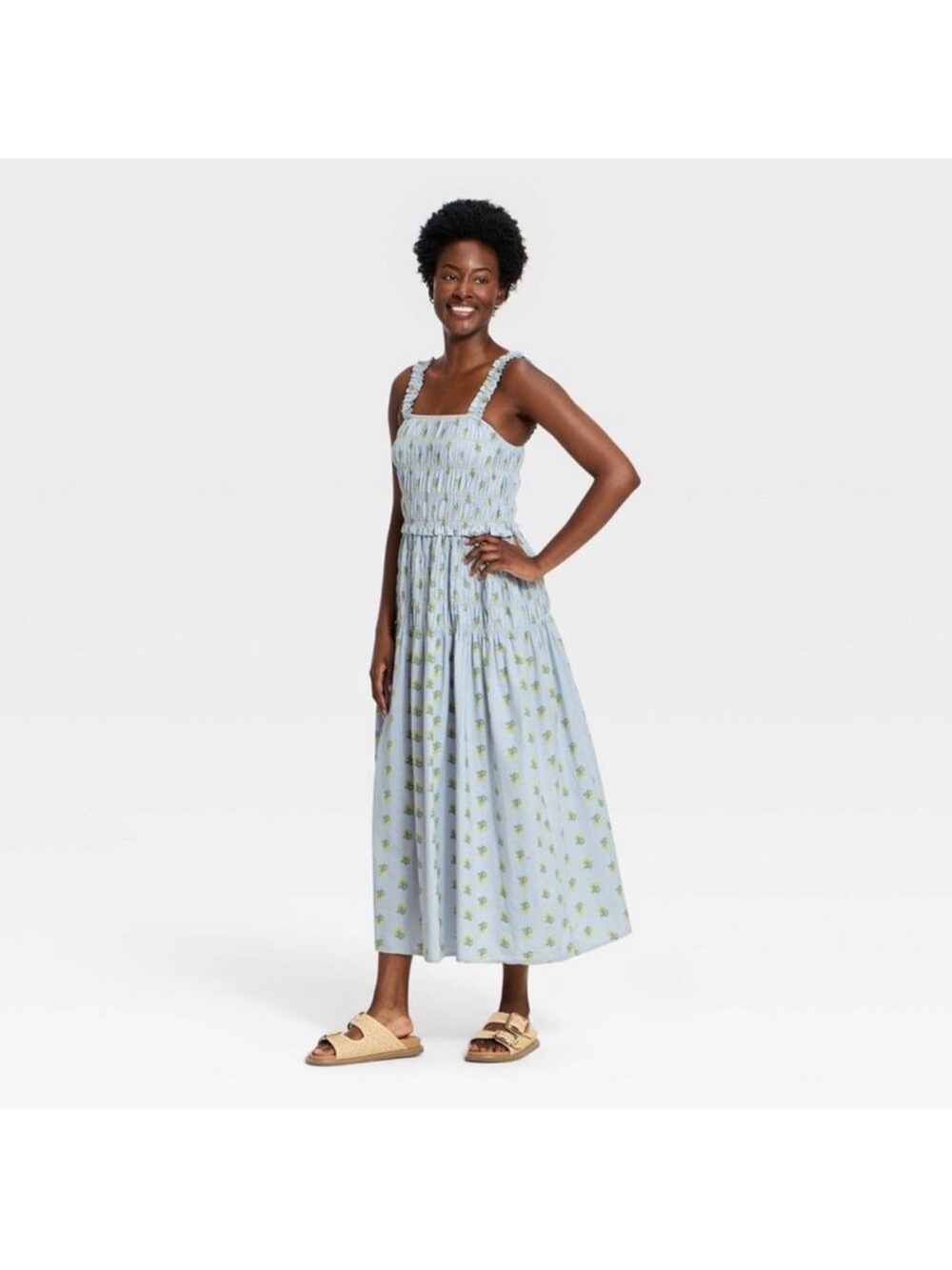 Light Blue Floral Smocked Midi Dress